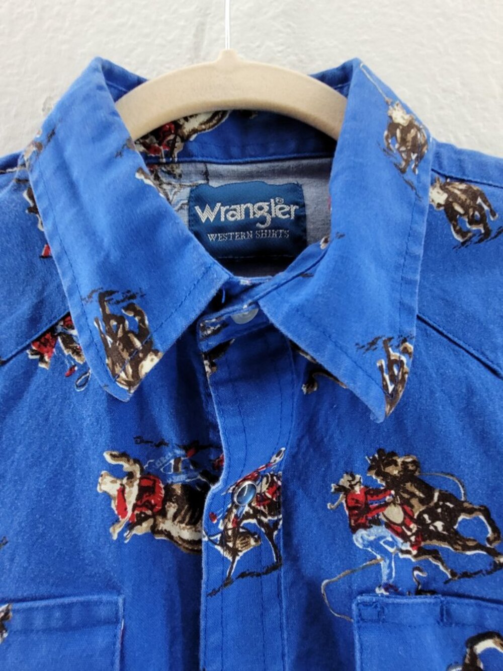 Vintage Wrangler Western Shirt Boys XL Blue Pearl Snap Cowboy Horse Roping Youth - Picture 9 of 16